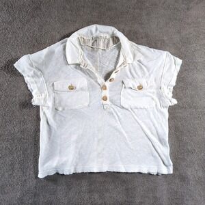 We The Free Women Medium White Linen Blend Collared Button Front Top